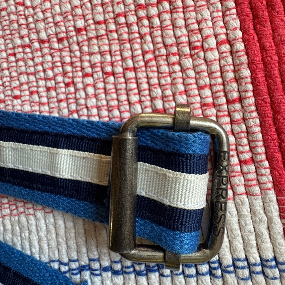 Express Navy and White Striped Belt with Metallic Buckle
